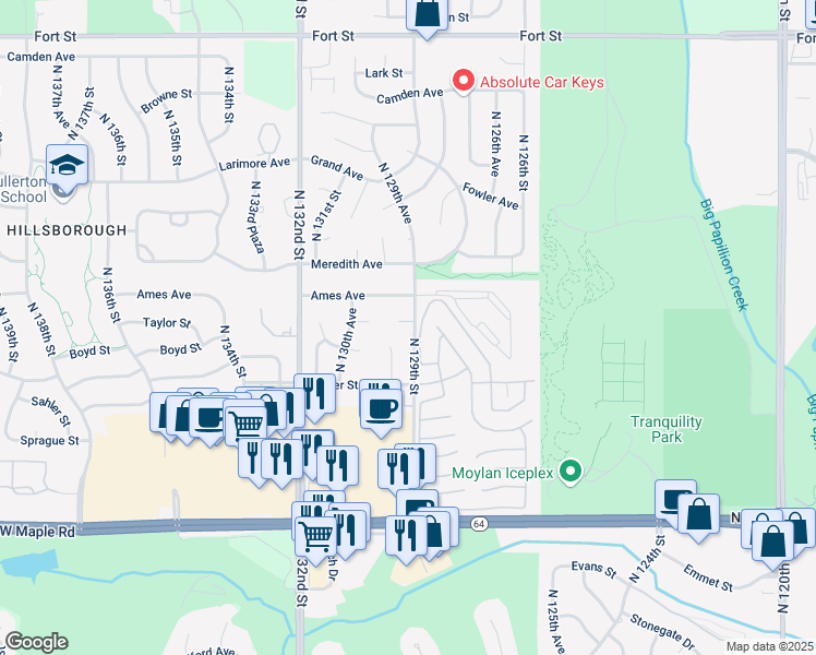 map of restaurants, bars, coffee shops, grocery stores, and more near 12905 Taylor Circle in Omaha