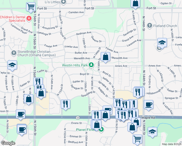 map of restaurants, bars, coffee shops, grocery stores, and more near 14910 Boyd Street in Omaha