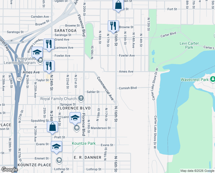 map of restaurants, bars, coffee shops, grocery stores, and more near 4405 Commercial Avenue in Omaha