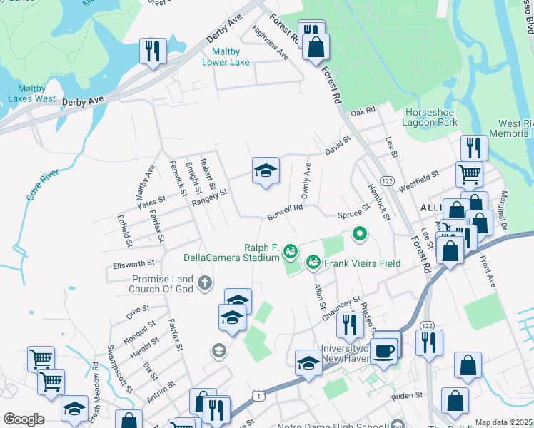 map of restaurants, bars, coffee shops, grocery stores, and more near 103 Burwell Road in West Haven
