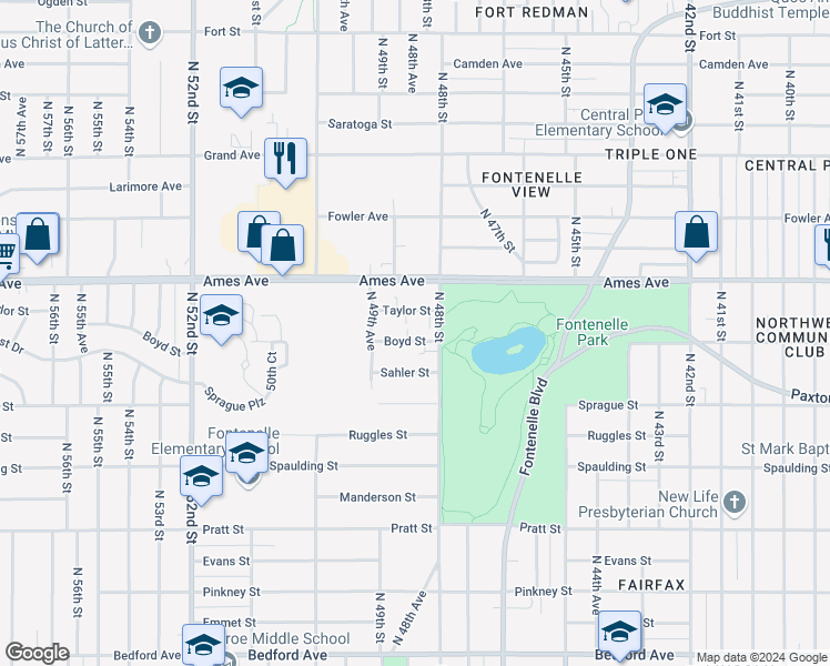 map of restaurants, bars, coffee shops, grocery stores, and more near 4816 Boyd Street in Omaha