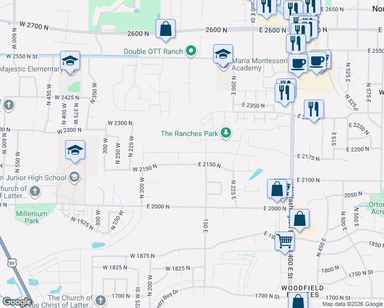 map of restaurants, bars, coffee shops, grocery stores, and more near 107 East Montgomery Lane in North Ogden