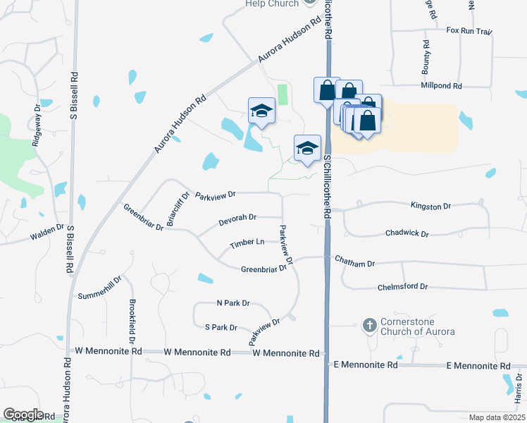 map of restaurants, bars, coffee shops, grocery stores, and more near 108 Devorah Drive in Aurora