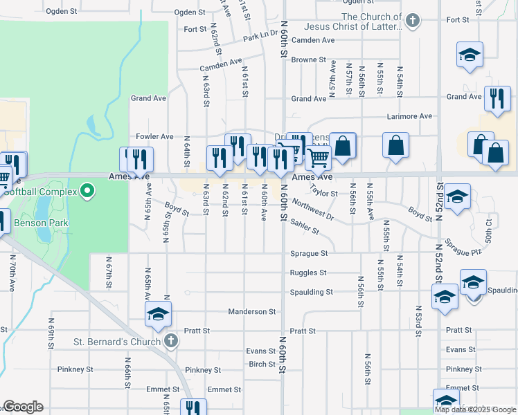 map of restaurants, bars, coffee shops, grocery stores, and more near 4164 N 60th Ave in Omaha