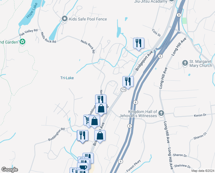 map of restaurants, bars, coffee shops, grocery stores, and more near 30 Country Place in Shelton
