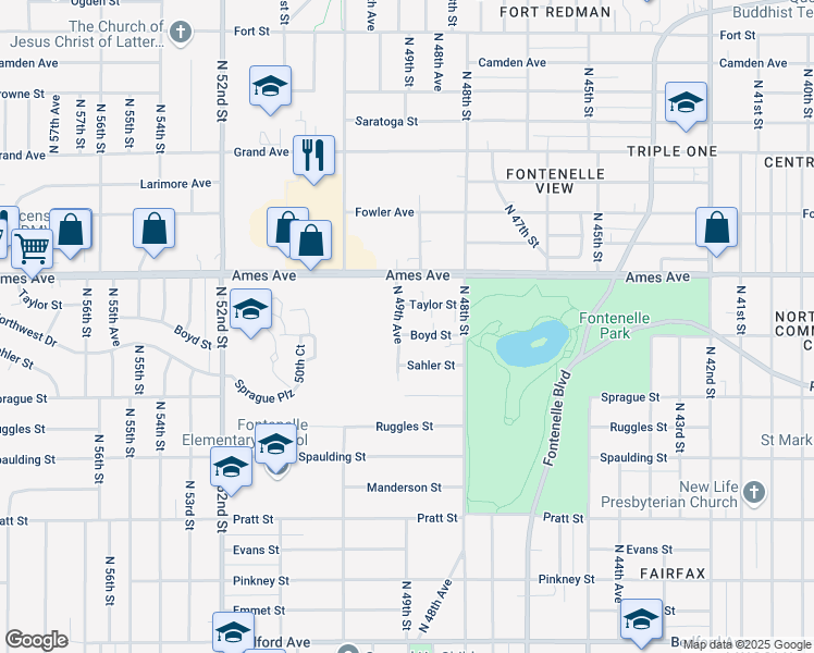 map of restaurants, bars, coffee shops, grocery stores, and more near 4852 Boyd Street in Omaha