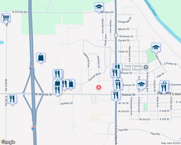 map of restaurants, bars, coffee shops, grocery stores, and more near 216 Oakwood Avenue in Oglesby