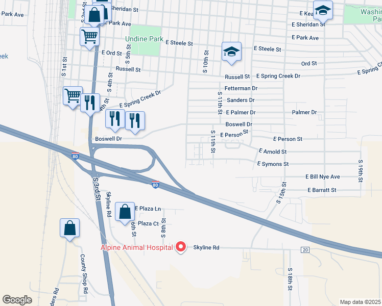 map of restaurants, bars, coffee shops, grocery stores, and more near 1825 South 9th Street in Laramie