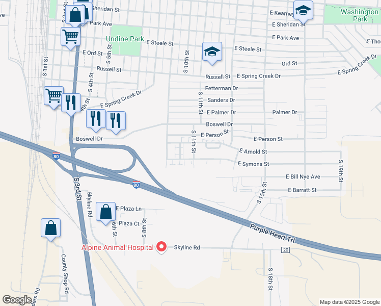 map of restaurants, bars, coffee shops, grocery stores, and more near 1824 South 11th Street in Laramie