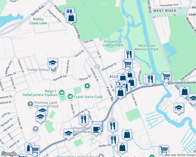 map of restaurants, bars, coffee shops, grocery stores, and more near 79 Hemlock Street in West Haven