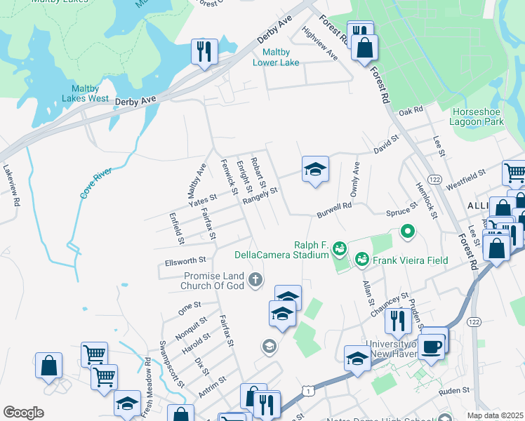 map of restaurants, bars, coffee shops, grocery stores, and more near 25 Enright Street in West Haven