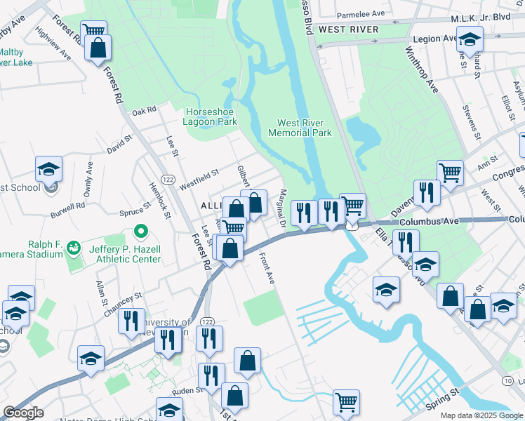 map of restaurants, bars, coffee shops, grocery stores, and more near 47 Gilbert Street in West Haven