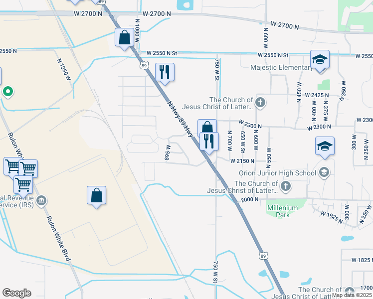 map of restaurants, bars, coffee shops, grocery stores, and more near 2160 Pebblebrook Rd in Ogden