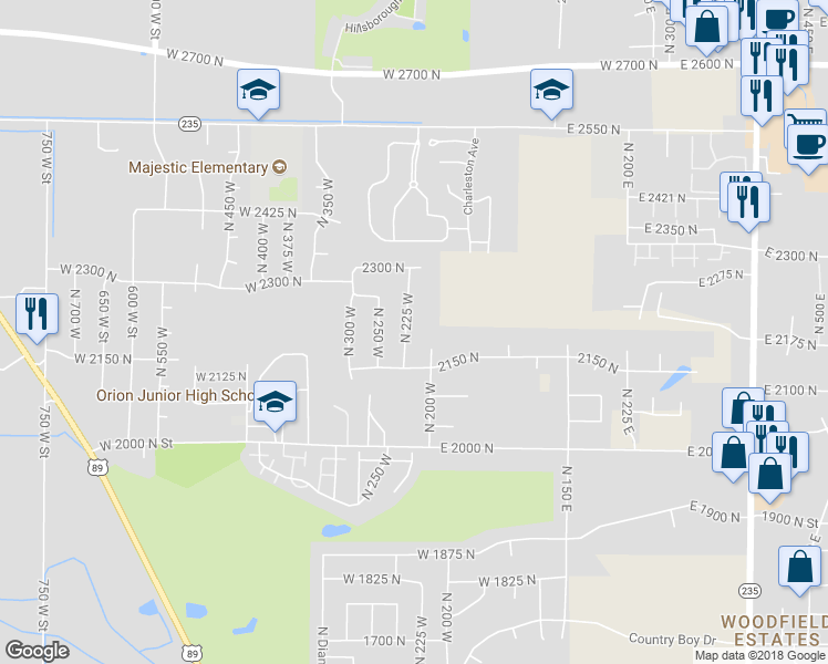 map of restaurants, bars, coffee shops, grocery stores, and more near 2198 North 225 West in Harrisville