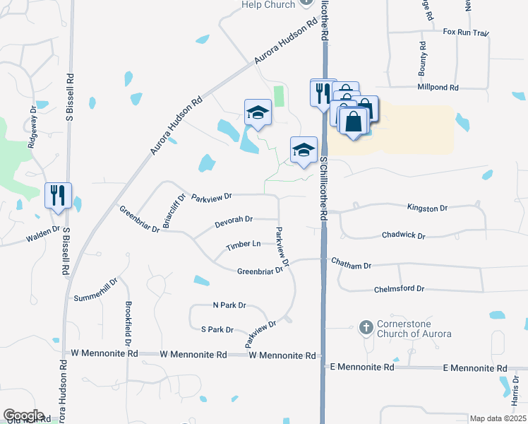 map of restaurants, bars, coffee shops, grocery stores, and more near 108 Devorah Drive in Aurora