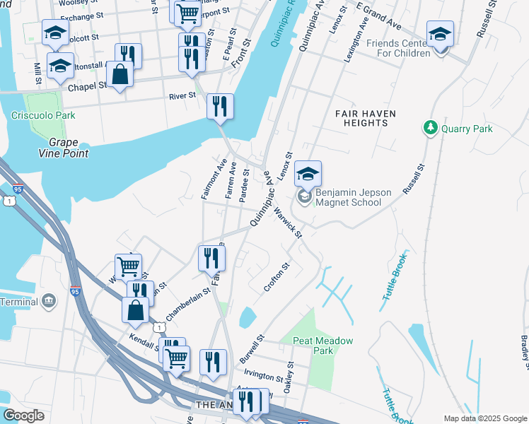 map of restaurants, bars, coffee shops, grocery stores, and more near 285 Quinnipiac Avenue in New Haven