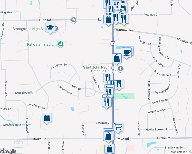 map of restaurants, bars, coffee shops, grocery stores, and more near 16323 Chatman Drive in Strongsville