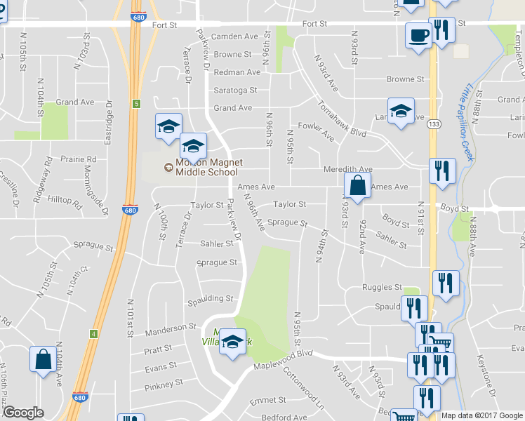 map of restaurants, bars, coffee shops, grocery stores, and more near 9557 Taylor Street in Omaha