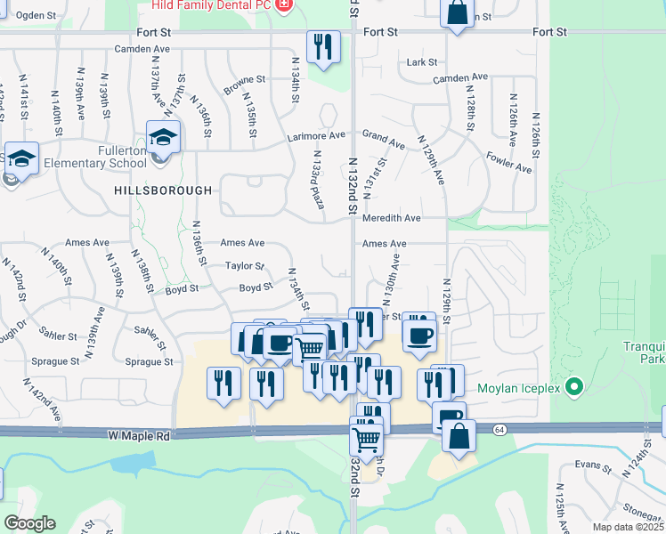 map of restaurants, bars, coffee shops, grocery stores, and more near 4324 North 132nd Street in Omaha