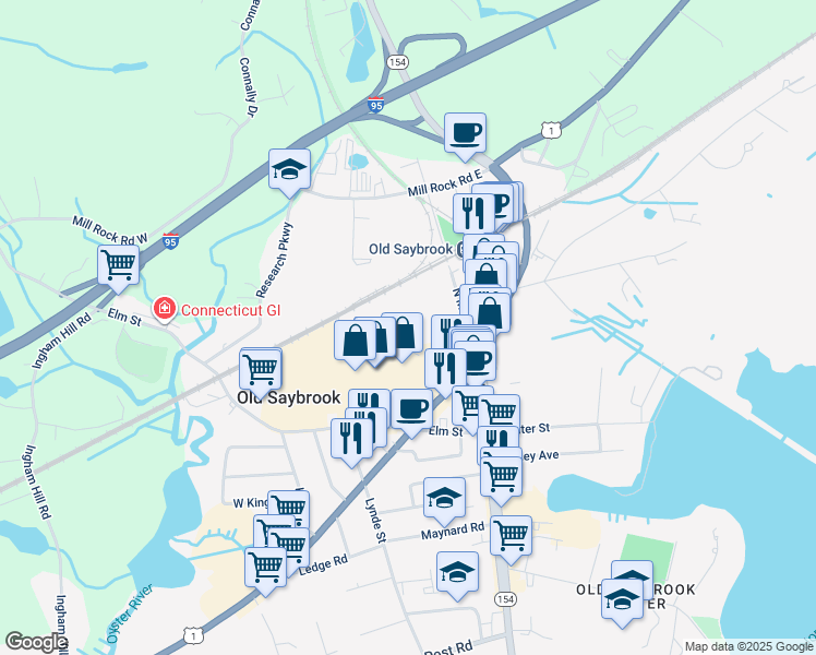 map of restaurants, bars, coffee shops, grocery stores, and more near 7 North Main Street in Old Saybrook