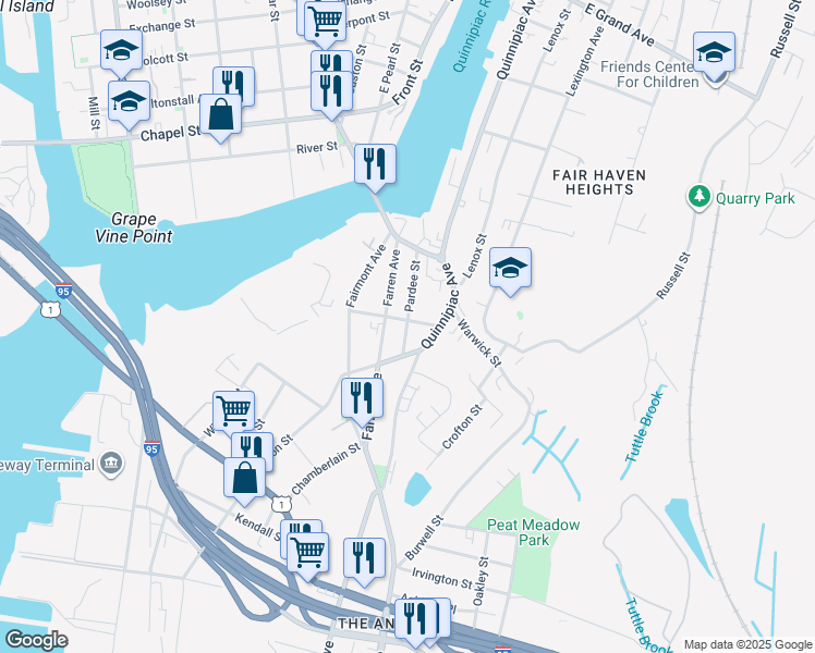 map of restaurants, bars, coffee shops, grocery stores, and more near 81 Lancraft Street in New Haven
