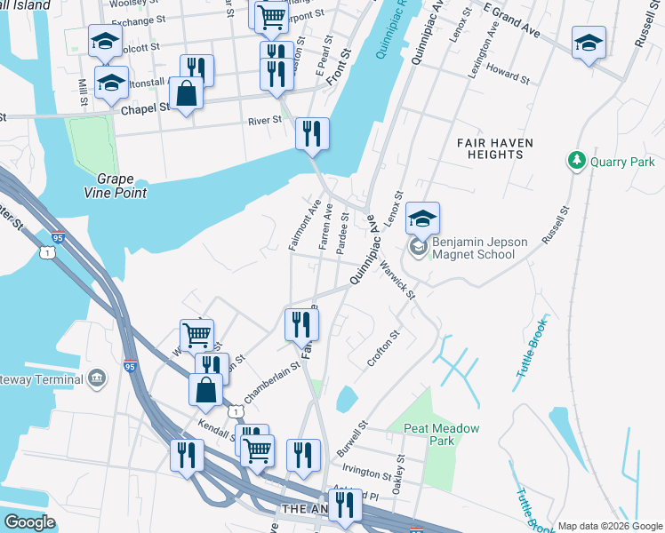 map of restaurants, bars, coffee shops, grocery stores, and more near 127 Farren Avenue in New Haven