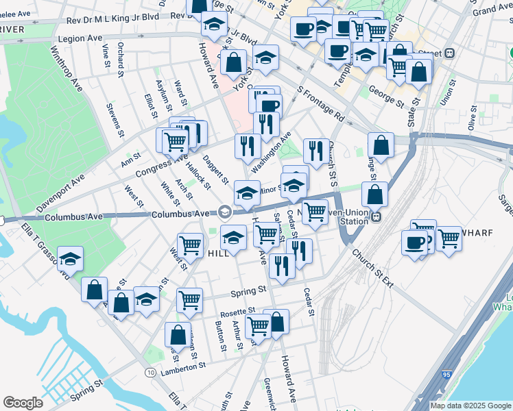 map of restaurants, bars, coffee shops, grocery stores, and more near 622 Howard Avenue in New Haven