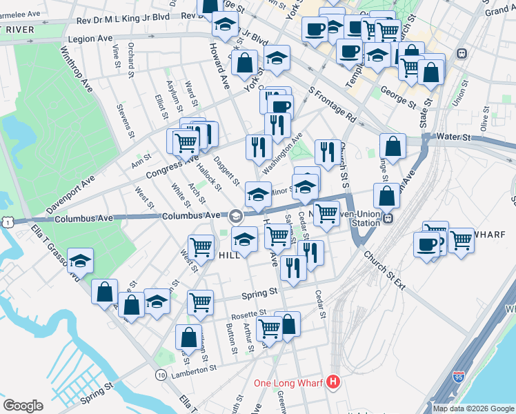 map of restaurants, bars, coffee shops, grocery stores, and more near 622 Howard Avenue in New Haven