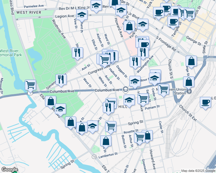map of restaurants, bars, coffee shops, grocery stores, and more near 395 Columbus Avenue in New Haven