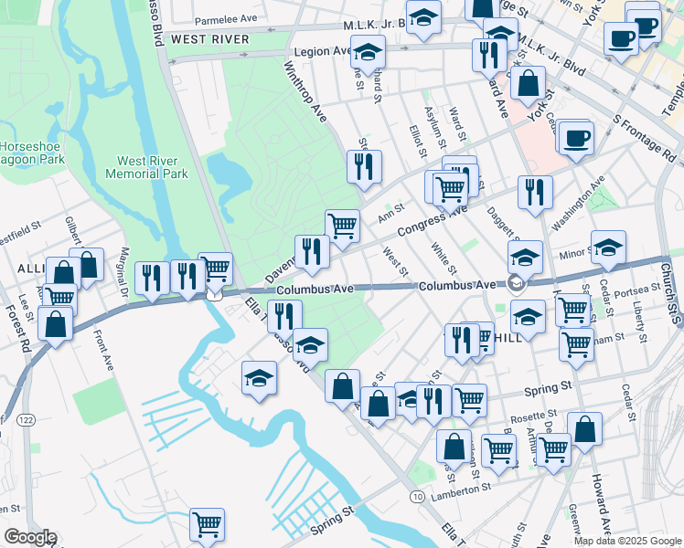 map of restaurants, bars, coffee shops, grocery stores, and more near 563 Columbus Avenue in New Haven