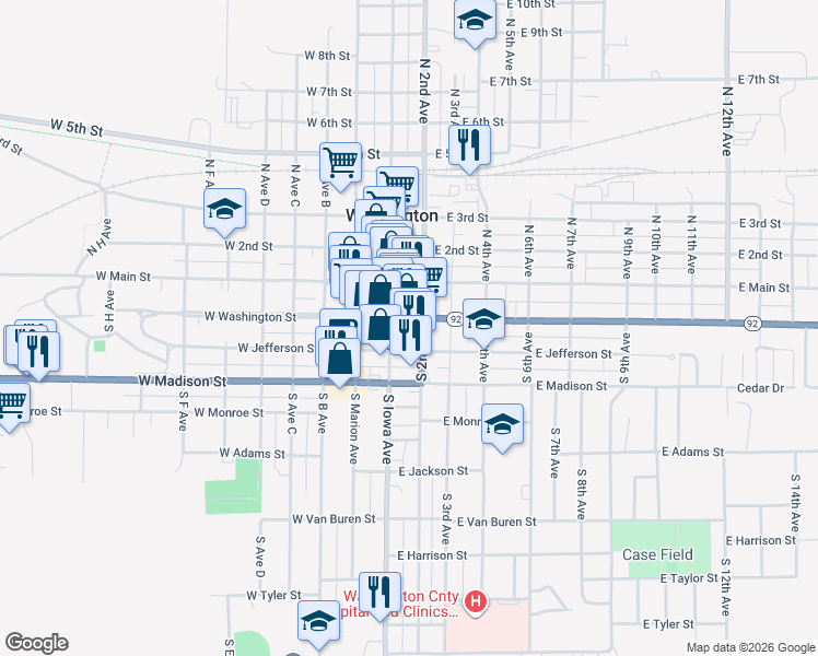 map of restaurants, bars, coffee shops, grocery stores, and more near 123 East Washington Street in Washington