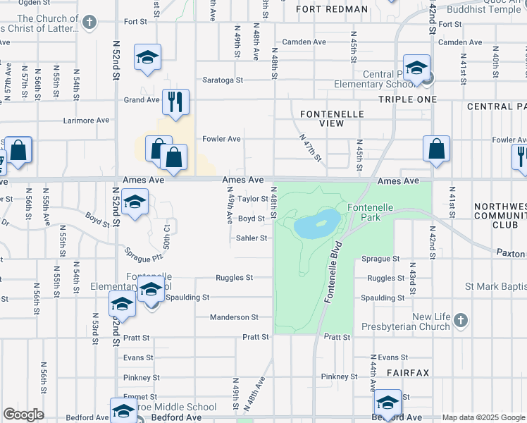 map of restaurants, bars, coffee shops, grocery stores, and more near 4816 Boyd Street in Omaha
