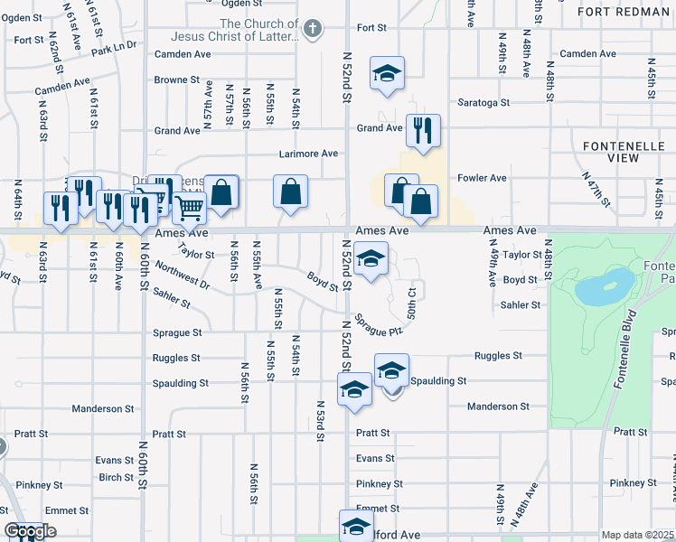 map of restaurants, bars, coffee shops, grocery stores, and more near 4310 North 52nd Street in Omaha
