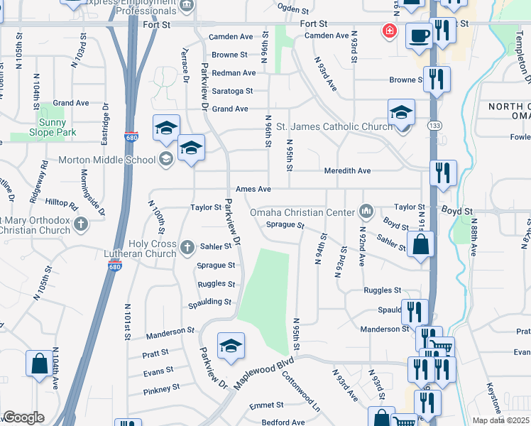 map of restaurants, bars, coffee shops, grocery stores, and more near 9557 Taylor Street in Omaha