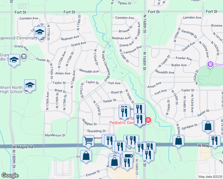 map of restaurants, bars, coffee shops, grocery stores, and more near 17016 Boyd Street in Omaha