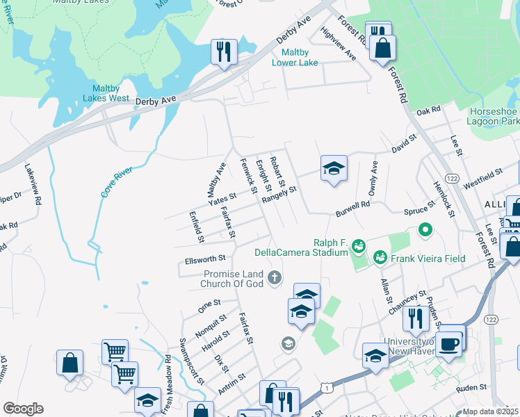 map of restaurants, bars, coffee shops, grocery stores, and more near 52 Fenwick Street in West Haven