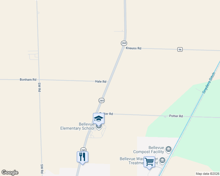 map of restaurants, bars, coffee shops, grocery stores, and more near 11002 Ohio 269 in Bellevue