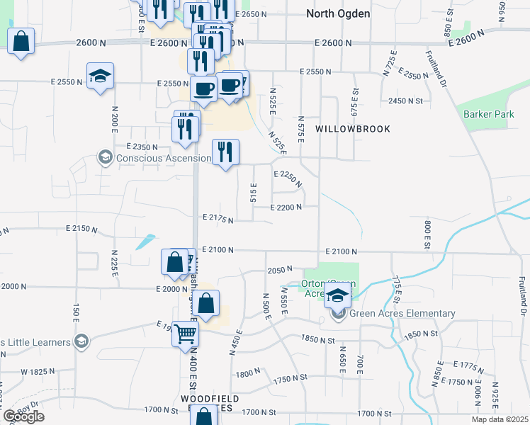 map of restaurants, bars, coffee shops, grocery stores, and more near 527 East 2200 North in North Ogden