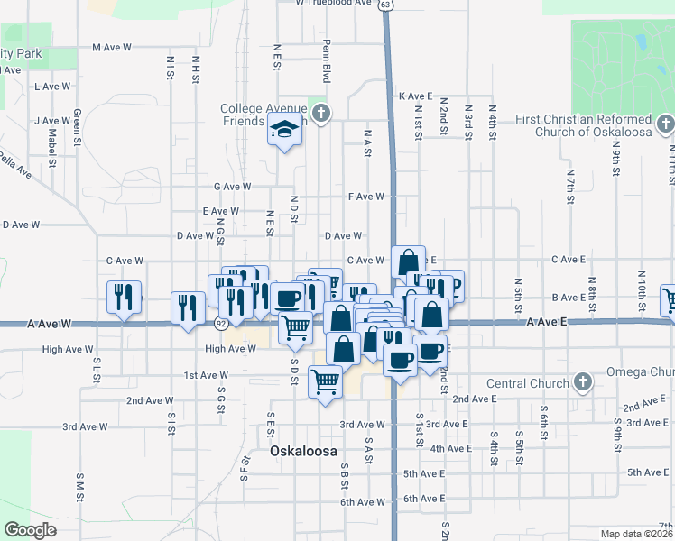 map of restaurants, bars, coffee shops, grocery stores, and more near 321 North B Street in Oskaloosa