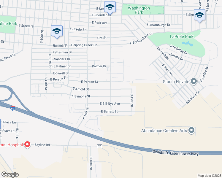 map of restaurants, bars, coffee shops, grocery stores, and more near 1700 East Arnold Street in Laramie