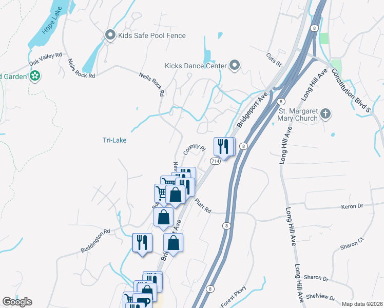 map of restaurants, bars, coffee shops, grocery stores, and more near 127 Country Place in Shelton
