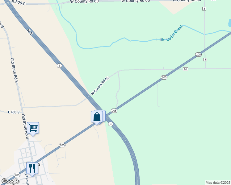 map of restaurants, bars, coffee shops, grocery stores, and more near 6422 Indiana 205 in Laotto