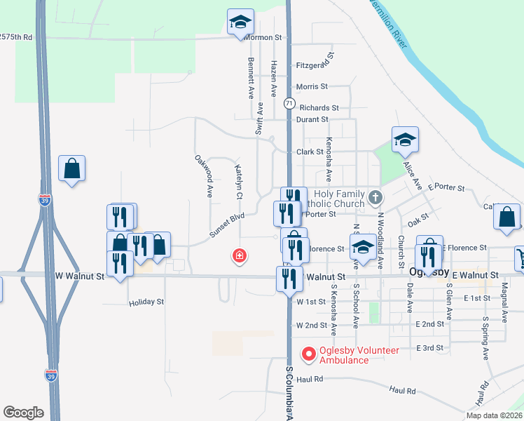 map of restaurants, bars, coffee shops, grocery stores, and more near 336 Sunset Boulevard in Oglesby