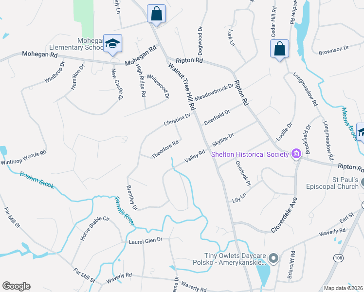 map of restaurants, bars, coffee shops, grocery stores, and more near 14 Theodore Road in Shelton