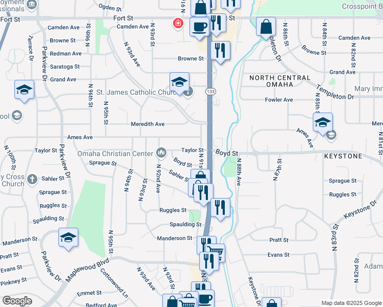 map of restaurants, bars, coffee shops, grocery stores, and more near 9123 Taylor Street in Omaha