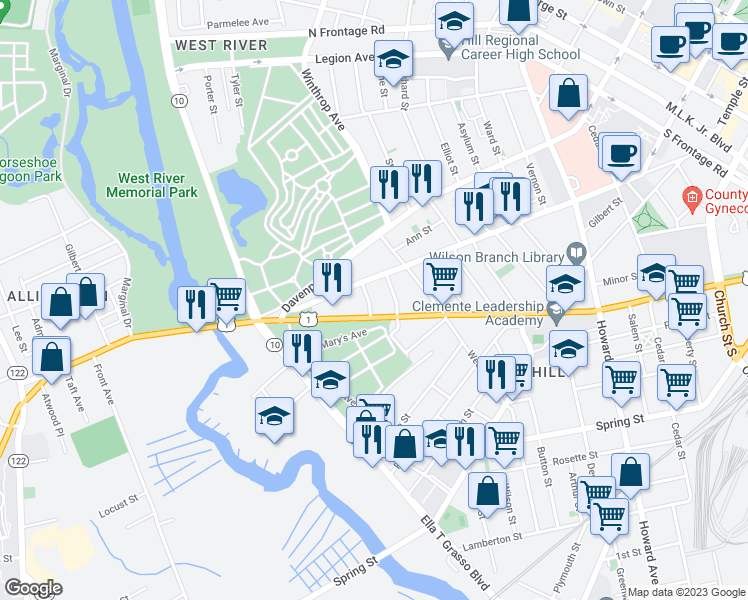 map of restaurants, bars, coffee shops, grocery stores, and more near 15 Downes Street in New Haven