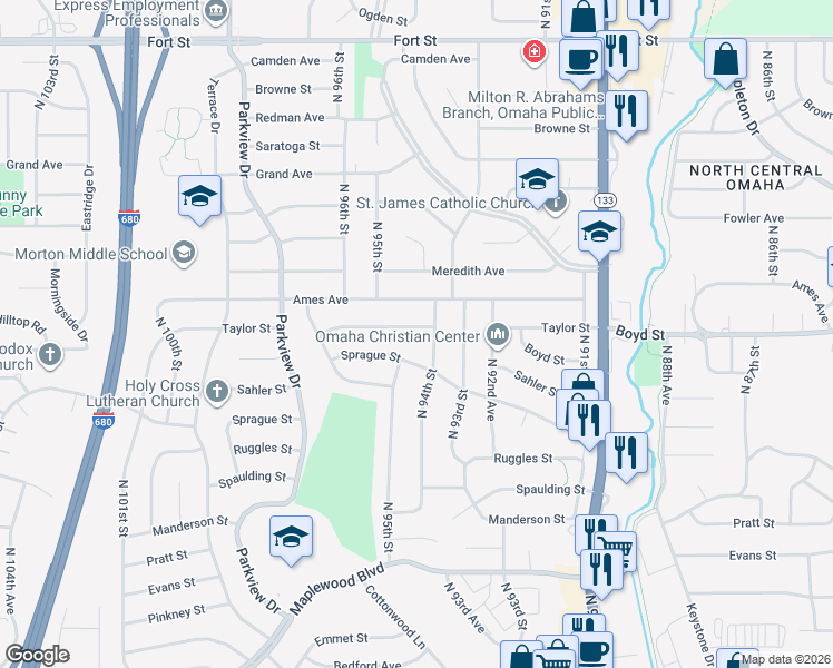 map of restaurants, bars, coffee shops, grocery stores, and more near 9419 Taylor Street in Omaha