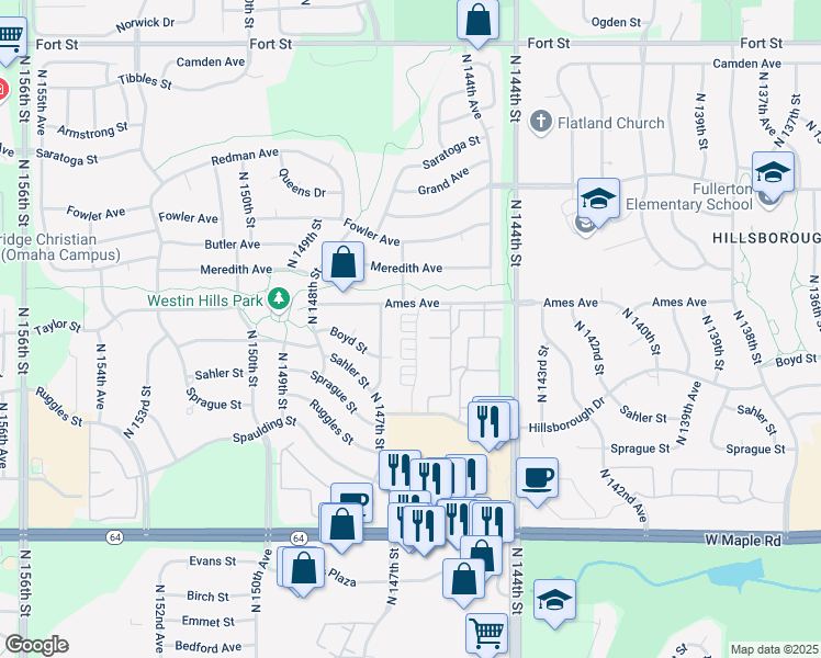 map of restaurants, bars, coffee shops, grocery stores, and more near 4409 North 146th Court in Omaha