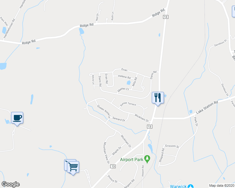 map of restaurants, bars, coffee shops, grocery stores, and more near 111 Darin Road in Warwick