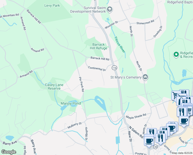 map of restaurants, bars, coffee shops, grocery stores, and more near 11 Pocconock Trail in Ridgefield